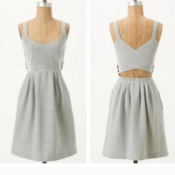 *SOLD* ANTHRO | Postmark Mona Cross Back Dress striped cutout black white sz L - Picture 2 of 9